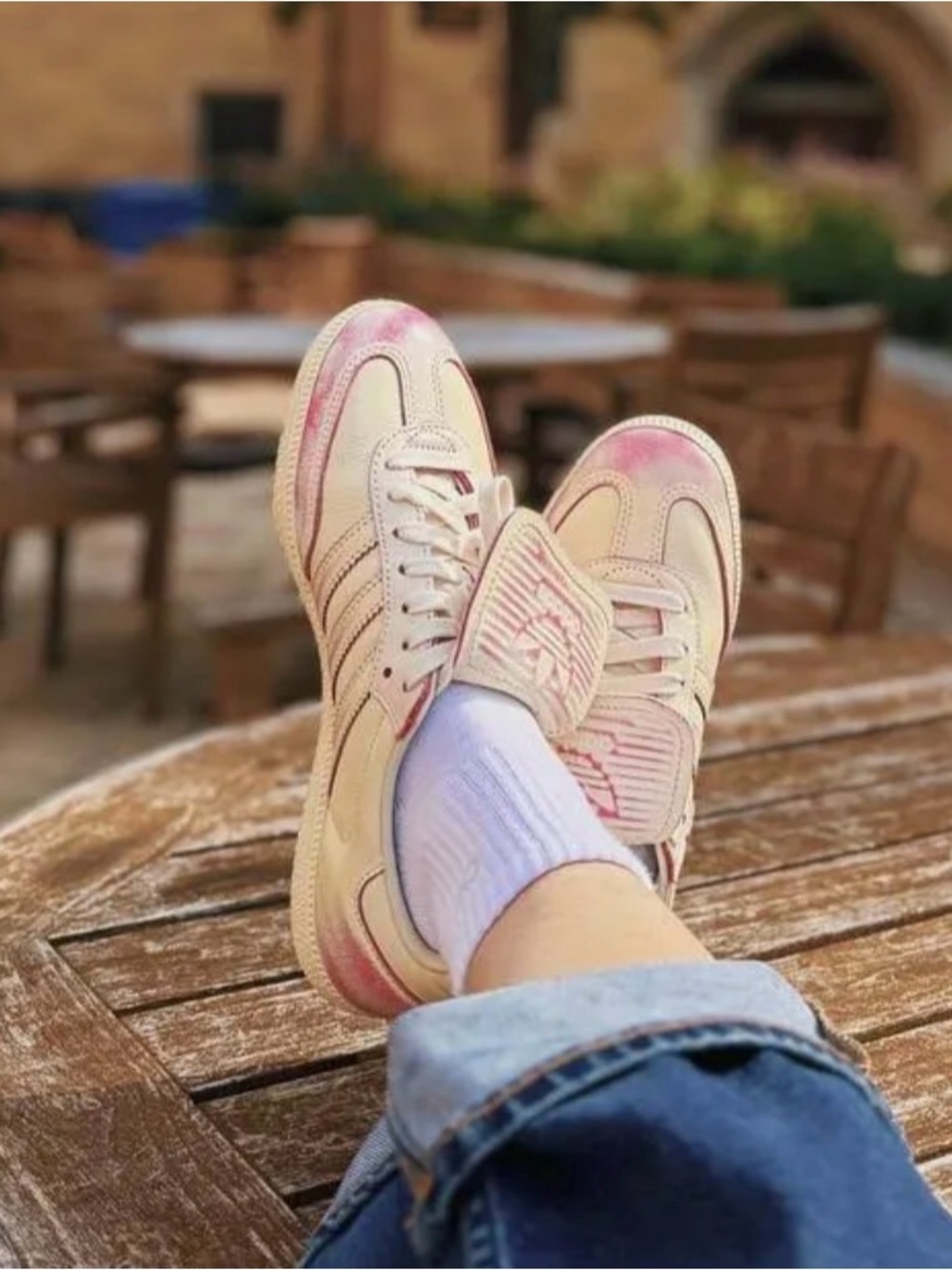 EUC adidas Women's Cream Sneakers with Pink Accents